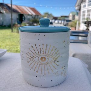Evil eye jar blue gold white